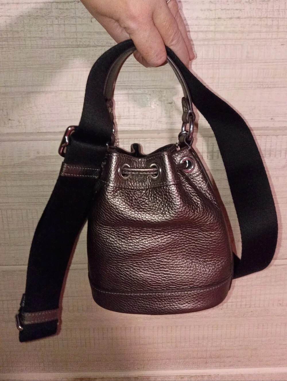 Coach Mini Metallic Pebbled Leather Mini Drawstring Bucket Bag - Bronze